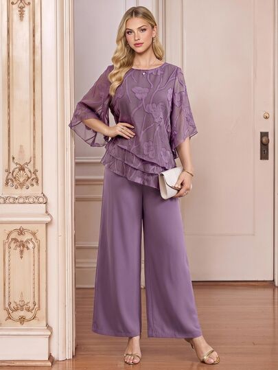 Amorya Conjunto de 2 piezas para mujer con top de cuello redondo estampado floral y pantalones de pierna ancha, casual para uso diario