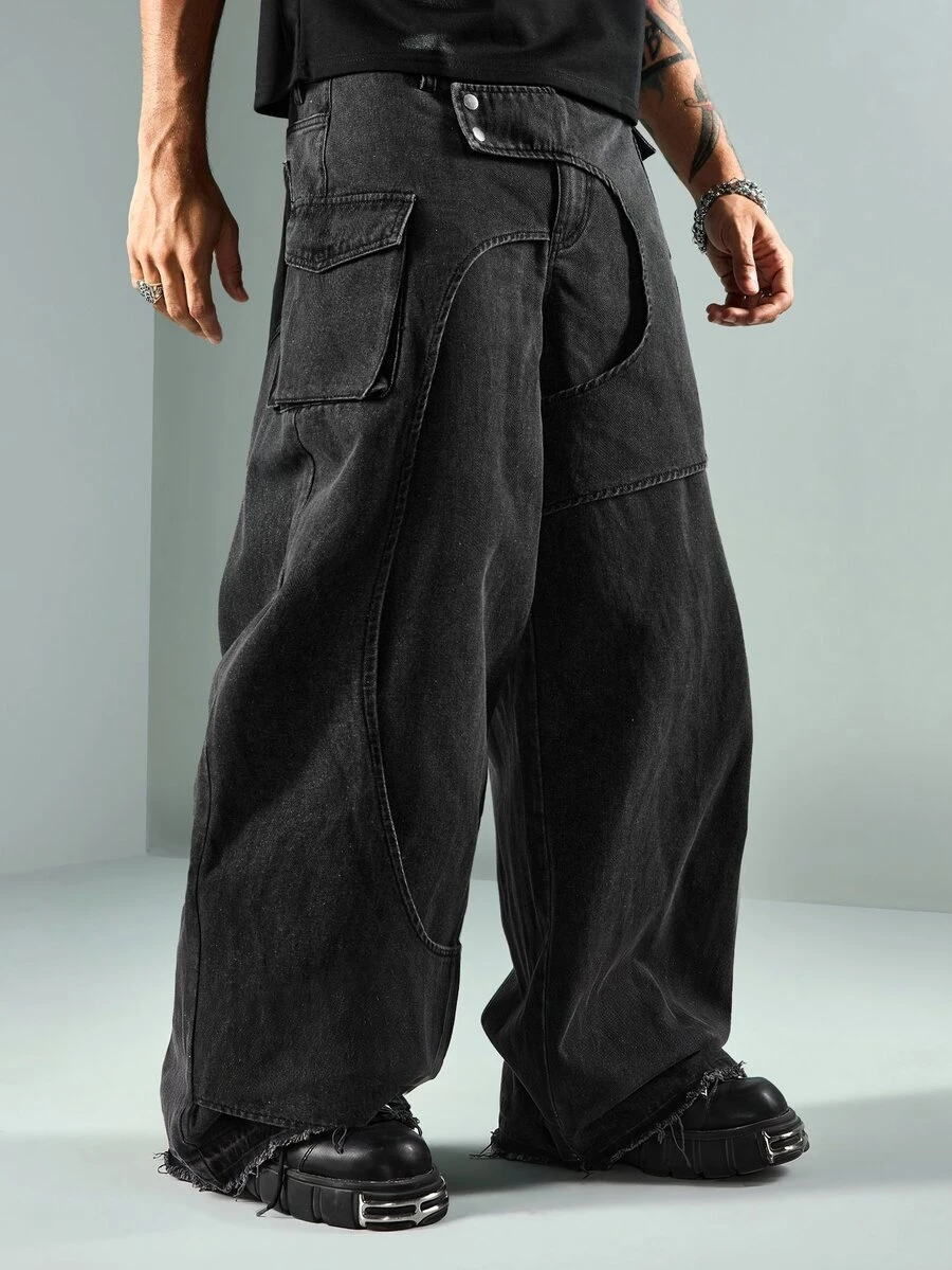 ROMWE MEN Street Life Men's Fashion Structural Design Jeans - Black - View 1