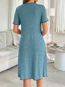 Moonlight&Mama Casual Solid Color Ribbed Fabric Nursing Crew Neck Pullover Short Sleeve Maternity Dress Home Sleepwear - Blue - View 2