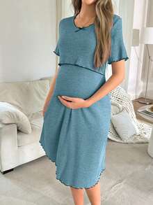 Moonlight&Mama Casual Solid Color Ribbed Fabric Nursing Crew Neck Pullover Short Sleeve Maternity Dress Home Sleepwear - Blue - View 5