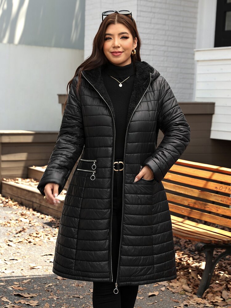 Comfylo Jaket Musim Dingin Wanita Ukuran Besar, Warna Polos, Lengan Panjang, dengan Resleting dan Tudung - Hitam - View 3