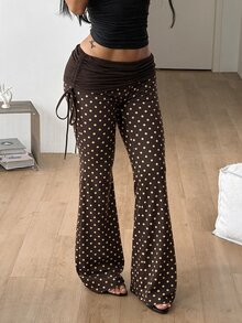 Coolane 女款秋冬舒適彈性保暖休閒街頭風 Y2K 復古側抽繩棕色波點高腰喇叭長褲 - 棕色 - 查看 4