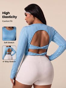 Rhythm Era Women's Plus Size Striped Casual Versatile Daily Travel Sports T-Shirt Fall - Baby Blue - View 1