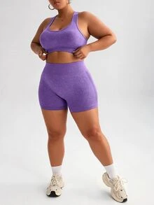 SHEIN Rhythm Era Set Pakaian Olahraga Wanita Ukuran Plus Model Tank Top Racerback dan Celana Pendek Kawaii untuk Gym Warna Ungu Musim Gugur - Purple - View 4