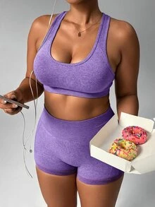 SHEIN Rhythm Era Set Pakaian Olahraga Wanita Ukuran Plus Model Tank Top Racerback dan Celana Pendek Kawaii untuk Gym Warna Ungu Musim Gugur - Purple - View 5