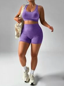 SHEIN Rhythm Era Set Pakaian Olahraga Wanita Ukuran Plus Model Tank Top Racerback dan Celana Pendek Kawaii untuk Gym Warna Ungu Musim Gugur - Purple - View 2
