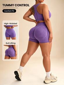 SHEIN Rhythm Era Set Pakaian Olahraga Wanita Ukuran Plus Model Tank Top Racerback dan Celana Pendek Kawaii untuk Gym Warna Ungu Musim Gugur - Purple - View 1
