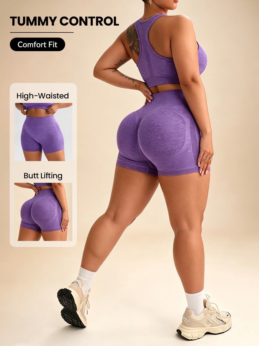 SHEIN Rhythm Era Set Pakaian Olahraga Wanita Ukuran Plus Model Tank Top Racerback dan Celana Pendek Kawaii untuk Gym Warna Ungu Musim Gugur - Purple - View 1