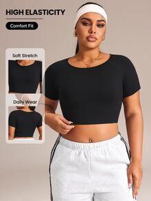 Rhythm Era Plus Size Women's Solid Color Casual Daily Travel Sports Short Sleeve T-Shirt - Black - View 1