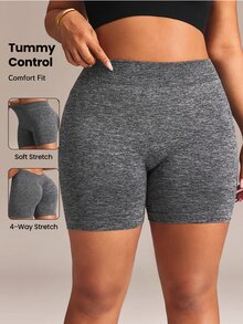 SHEIN Rhythm Era Women's Plus Size Solid Color High Waist Daily Fitness Sports Shorts - Dark Grey - View 1