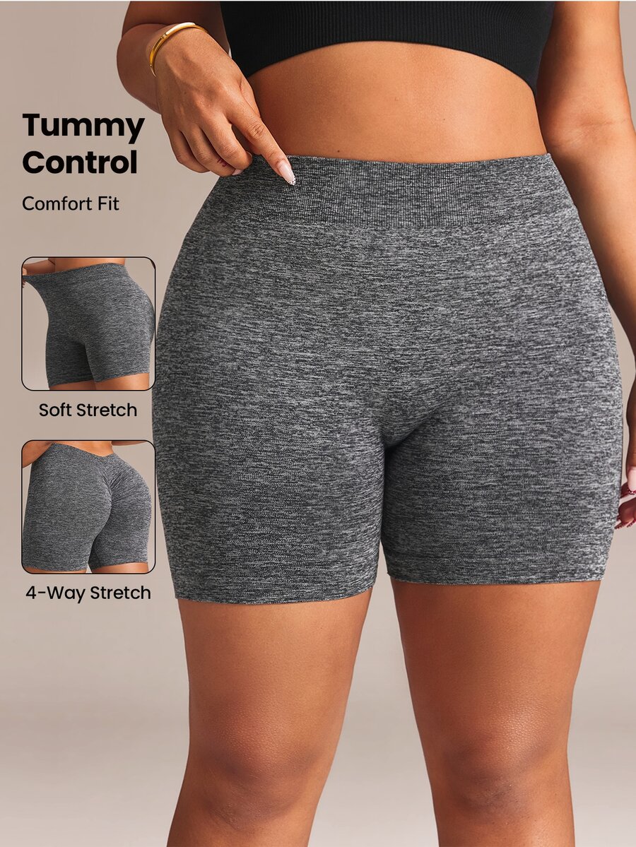 SHEIN Rhythm Era Women's Plus Size Solid Color High Waist Daily Fitness Sports Shorts - Dark Grey - View 1