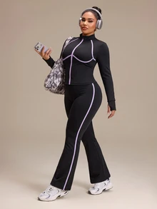 SHEIN Rhythm Era Women's Plus Size Colorblock Long Sleeve Top And Pants Casual Daily Sports Set Winter - Black - View 5