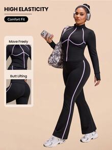 SHEIN Rhythm Era Women's Plus Size Colorblock Long Sleeve Top And Pants Casual Daily Sports Set Winter - Black - View 1