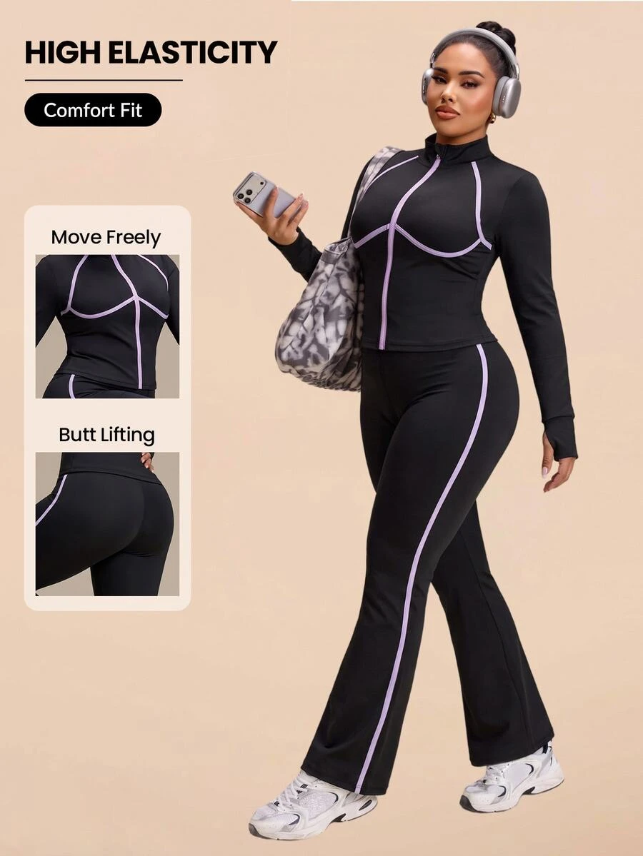SHEIN Rhythm Era Women's Plus Size Colorblock Long Sleeve Top And Pants Casual Daily Sports Set Winter - Black - View 1