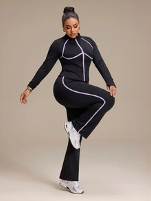 SHEIN Rhythm Era Women's Plus Size Colorblock Long Sleeve Top And Pants Casual Daily Sports Set Winter - Black - View 3