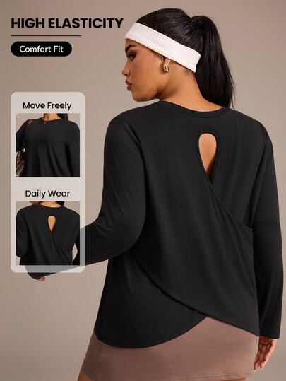 SHEIN Rhythm Era Women Plus Size Sports T-Shirt Comfortable Long Sleeve Back Criss Cross Hollow Mesh Design Yoga Fitness Top Fall Gym Black Cow Girl Baggy