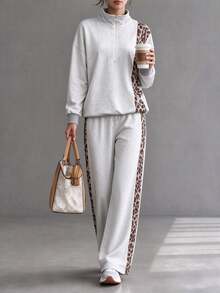 Trelyra Leopard Print Grey Half-Zip Long Sleeve Sweatshirt And Sweatpants Casual 2 Pieces Set - Grey - View 3