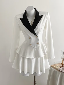 Elamini Sweet Style Women's Contrast Color Blazer And Skirt 2 Pieces Set, Autumn/Winter - White - View 4