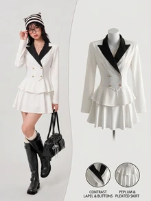 Elamini Sweet Style Women's Contrast Color Blazer And Skirt 2 Pieces Set, Autumn/Winter - White - View 1