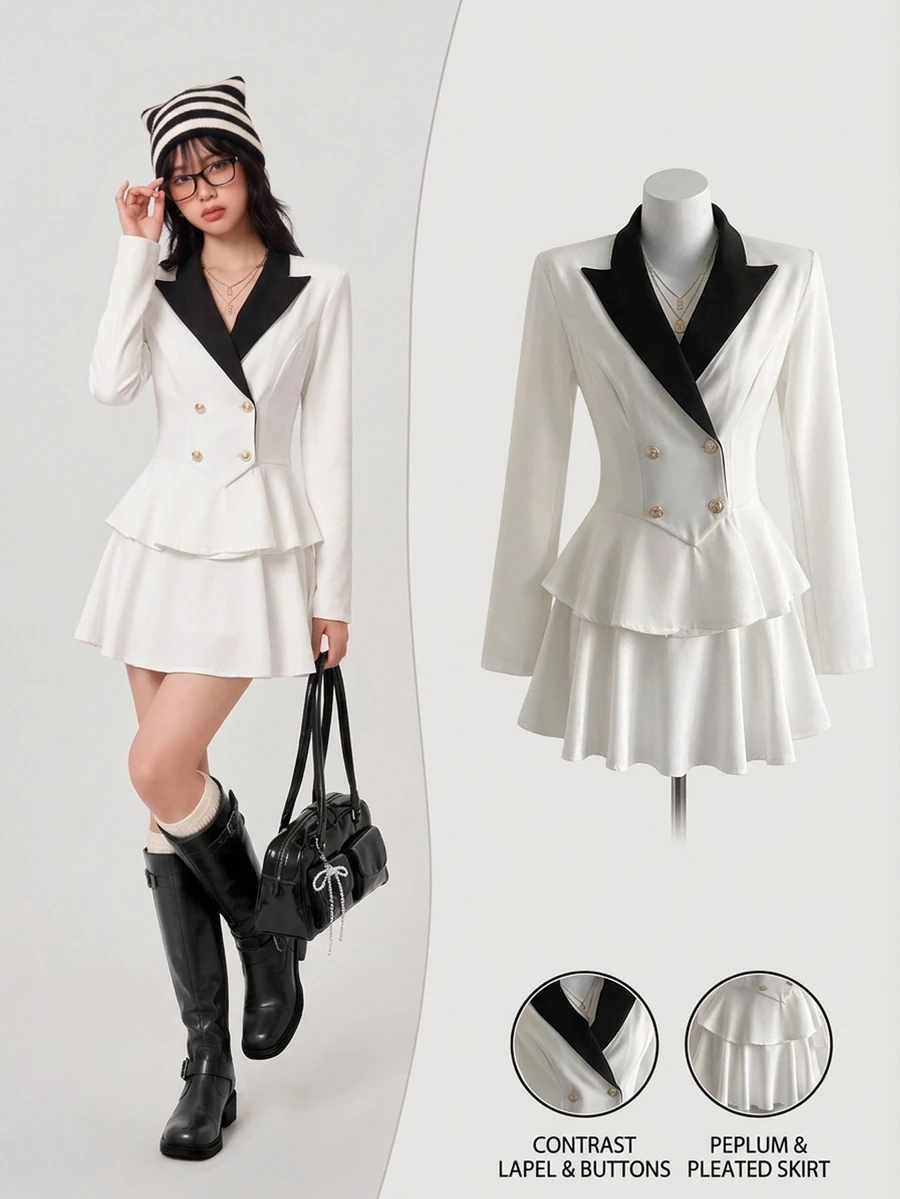 Elamini Sweet Style Women's Contrast Color Blazer And Skirt 2 Pieces Set, Autumn/Winter - White - View 1