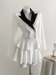 Elamini Sweet Style Women's Contrast Color Blazer And Skirt 2 Pieces Set, Autumn/Winter - White - View 3