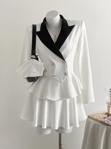 Elamini Sweet Style Women's Contrast Color Blazer And Skirt 2 Pieces Set, Autumn/Winter - White - View 6
