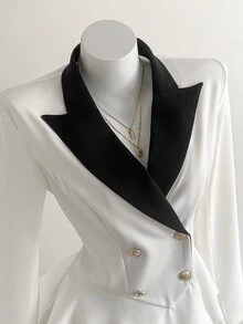 Elamini Sweet Style Women's Contrast Color Blazer And Skirt 2 Pieces Set, Autumn/Winter - White - View 5