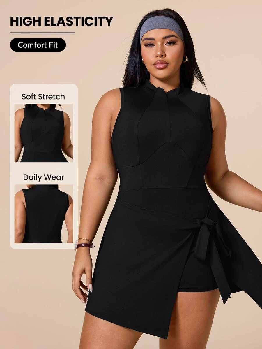 SHEIN Rhythm Era New Chinese Style Stand Collar Half-Zip Tie Dress - Black - View 1
