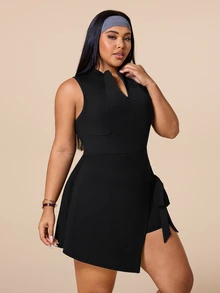 SHEIN Rhythm Era New Chinese Style Stand Collar Half-Zip Tie Dress - Black - View 4