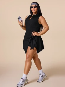 SHEIN Rhythm Era New Chinese Style Stand Collar Half-Zip Tie Dress - Black - View 6