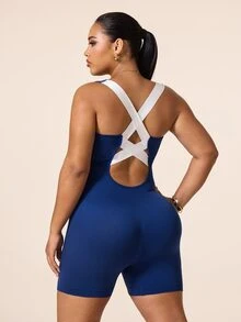 SHEIN Rhythm Era Women's Plus Size Colorblock Criss-Cross Back Sports Romper - Navy Blue - View 8
