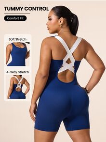 SHEIN Rhythm Era Women's Plus Size Colorblock Criss-Cross Back Sports Romper - Navy Blue - View 1