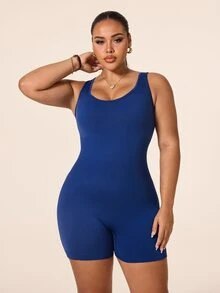 SHEIN Rhythm Era Women's Plus Size Colorblock Criss-Cross Back Sports Romper - Navy Blue - View 7