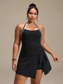 SHEIN Rhythm Era Women's 2 In 1 Tie-Front Hip-Covering Slimming Anti-Exposure Dress - Black - View 8