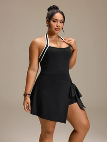 SHEIN Rhythm Era Women's 2 In 1 Tie-Front Hip-Covering Slimming Anti-Exposure Dress - Black - View 5