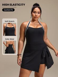 SHEIN Rhythm Era Women's 2 In 1 Tie-Front Hip-Covering Slimming Anti-Exposure Dress - Black - View 1