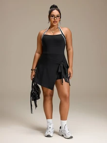 SHEIN Rhythm Era Women's 2 In 1 Tie-Front Hip-Covering Slimming Anti-Exposure Dress - Black - View 6