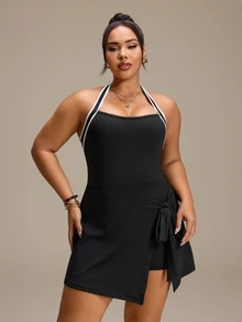 SHEIN Rhythm Era Women's 2 In 1 Tie-Front Hip-Covering Slimming Anti-Exposure Dress - Black - View 3