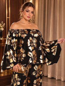 Cravure Elegant Comfortable Fashion Random Asymmetrical Gold Foil Fabric Asymmetric Neck Long Sleeve Plus Size Women 2 Pieces Set Fall - Multicolor - View 3