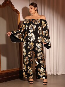 Cravure Elegant Comfortable Fashion Random Asymmetrical Gold Foil Fabric Asymmetric Neck Long Sleeve Plus Size Women 2 Pieces Set Fall - Multicolor - View 6