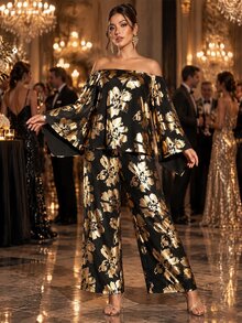 Cravure Elegant Comfortable Fashion Random Asymmetrical Gold Foil Fabric Asymmetric Neck Long Sleeve Plus Size Women 2 Pieces Set Fall - Multicolor - View 1