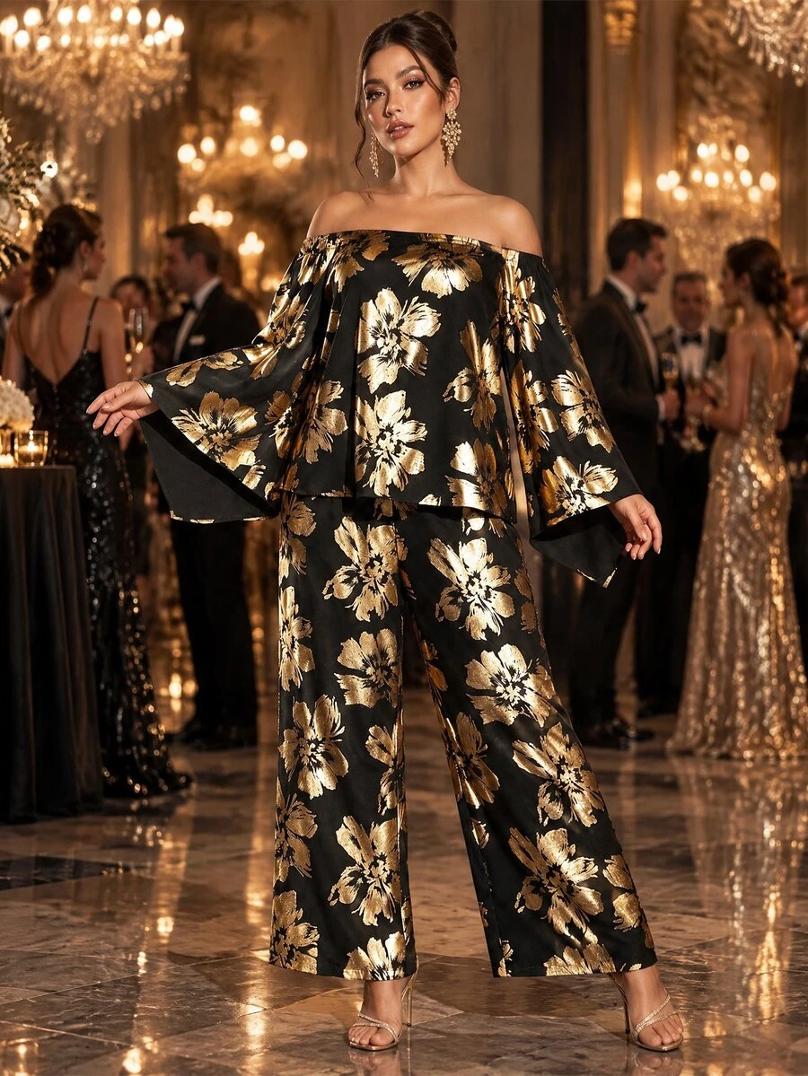 Cravure Elegant Comfortable Fashion Random Asymmetrical Gold Foil Fabric Asymmetric Neck Long Sleeve Plus Size Women 2 Pieces Set Fall - Multicolor - View 1