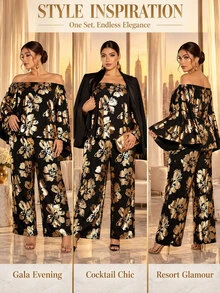 Cravure Elegant Comfortable Fashion Random Asymmetrical Gold Foil Fabric Asymmetric Neck Long Sleeve Plus Size Women 2 Pieces Set Fall - Multicolor - View 4