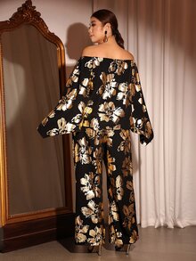 Cravure Elegant Comfortable Fashion Random Asymmetrical Gold Foil Fabric Asymmetric Neck Long Sleeve Plus Size Women 2 Pieces Set Fall - Multicolor - View 2