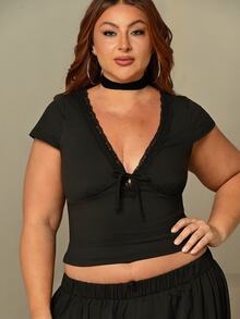 Lele Munniz Plus Size Women Casual Sexy Lace Patchwork Deep V Bow Design Versatile T-Shirt Top - Black - View 1