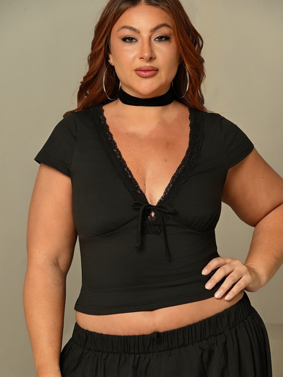 Lele Munniz Plus Size Women Casual Sexy Lace Patchwork Deep V Bow Design Versatile T-Shirt Top - Black - View 1