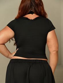 Lele Munniz Plus Size Women Casual Sexy Lace Patchwork Deep V Bow Design Versatile T-Shirt Top - Black - View 2