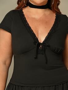Lele Munniz Plus Size Women Casual Sexy Lace Patchwork Deep V Bow Design Versatile T-Shirt Top - Black - View 5