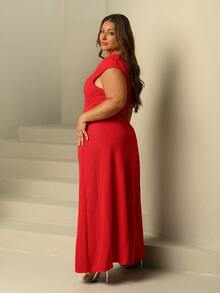 Lele Munniz Plus Size Women's Vibrant Multicolor Printed Pattern Elegant Off-Shoulder Maxi Dress - Red - View 4