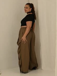 Lele Munniz Plus Size Stylish Casual Ruffle Hem Pants, Versatile American Style Fall - Brown - View 5